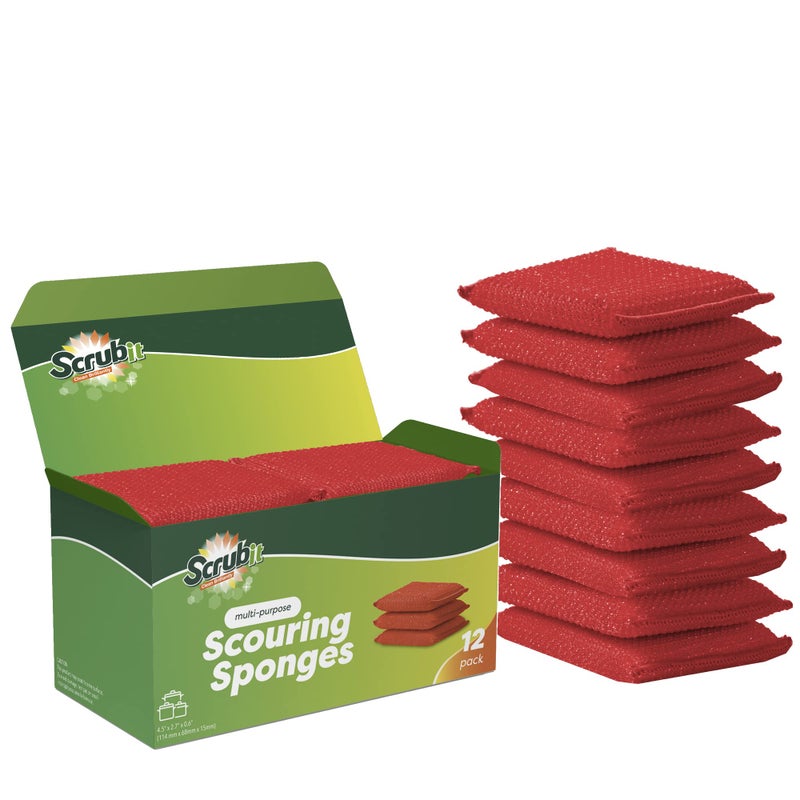 SCRUBIT MultiPurpose Dish Scrub Sponge Non Scratch Scouring Pads Cleaning Sponges for pots Dishes NonStick Cookware Pot Scrubber Sponges for Kitchen Bathroom 12 Pack Dish Sponge Red